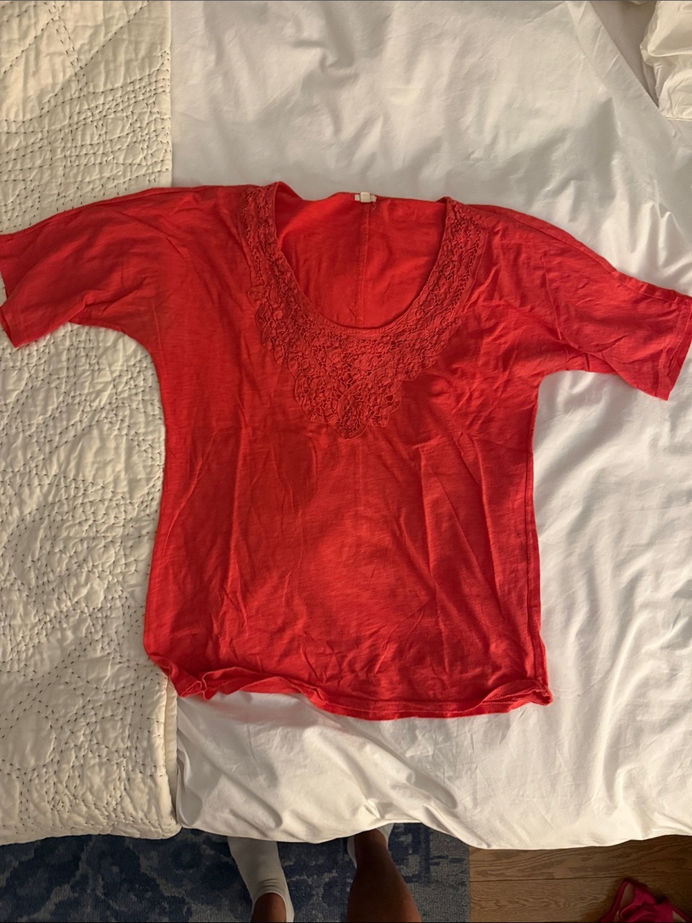 J. Crew Red Scoop Neck Lace Trim Short Sleeve Top